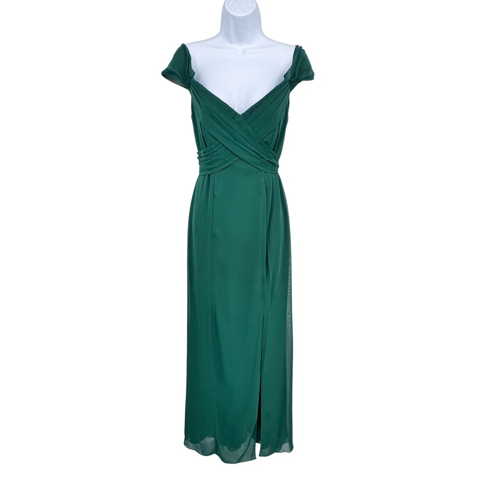 New Social Bridesmaids Womens 6 Hunter Green Chiffon OffShoulder Gown Long Dress - Picture 2 of 13
